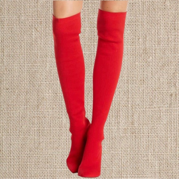 Shoes - Red Over-the-Knee Stretch Sock Boots
